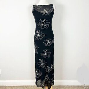 90s Vivienne Tam Mesh Maxi Dress Black & White Tropical Floral Size 0 XS Women's